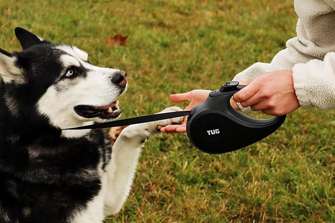 TUG 360° Tangle-Free Retractable Dog Leash with Anti-Slip Handle | 16 ft Strong Nylon Tape | One-Handed Brake, Pause, Lock (Large, Black/Grey)