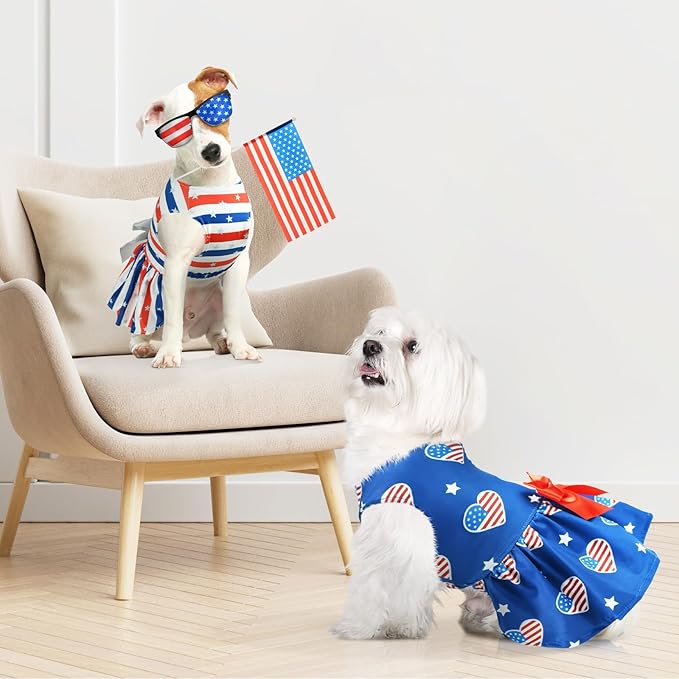 Vehomy 2-Pack 4th of July Dog Dresse American Flag Pattern Puppy Dress with Bow Independence Day Dog Skirt Stars & Stripes Dog Pet Holiday Outfit Apparel Clothes for Small Medium Dogs Cats M