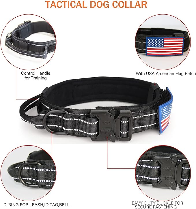 KCUCOP Tactical Dog Collar for Medium & Large Dogs - Military Nylon Heavy Duty Collar with Handle, Reflective Strip & Metal Buckle for Training, Outdoor (Black Reflective, Large)