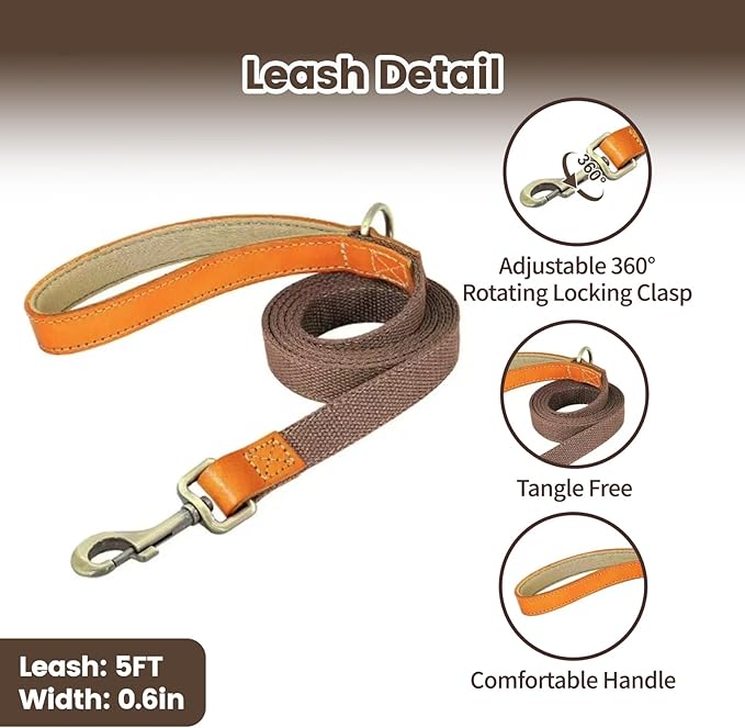 No-Pull No-Choke Dog Harness and Leash Set - Adjustable Soft Padded Vest, Lightweight Retro Design for Small Medium Dogs and Puppies, Easy Control and Comfortable Walk (Brown, L)