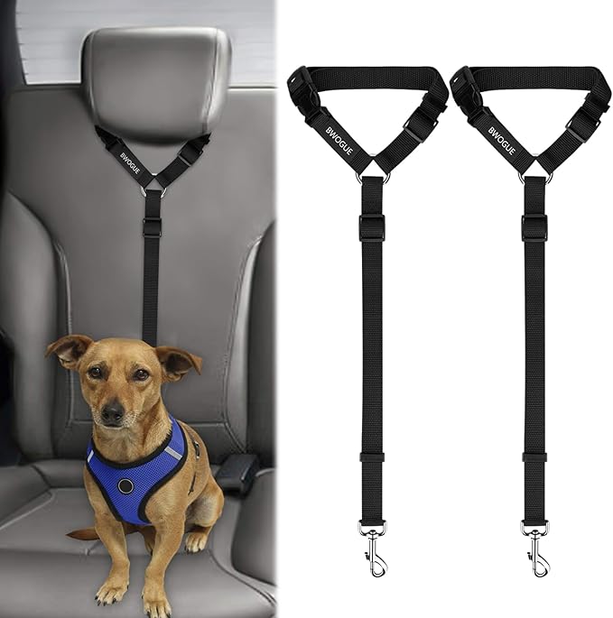 BWOGUE 2 Piece Dog Seat Belt for Car with Elastic Bungee Buffer Safety Seatbelt Car Headrest Restraint Wear Adjustable Metal Buckle Harness in Vehicle Travel for Pet