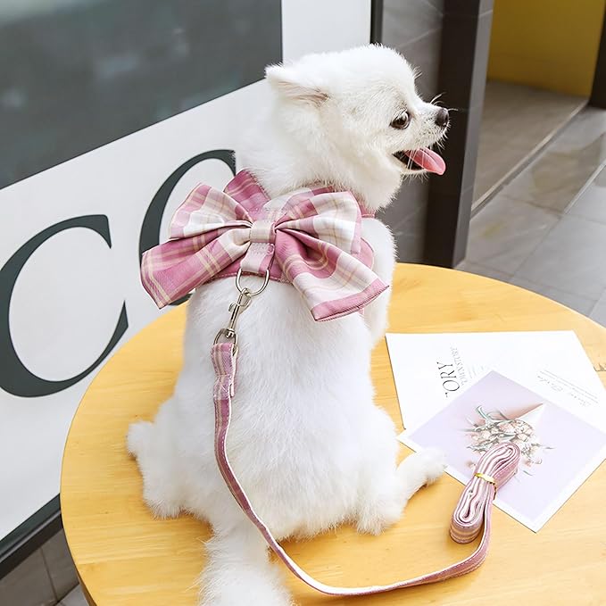 Cute Dog Harness and Leash Set with Bow Tie Soft Mesh Plaid Girl Puppy Harness No Pull Pet Cat Dog Vest Harness for Small Dogs Chihuahua Rabbit Outfit (Pink,XXL)
