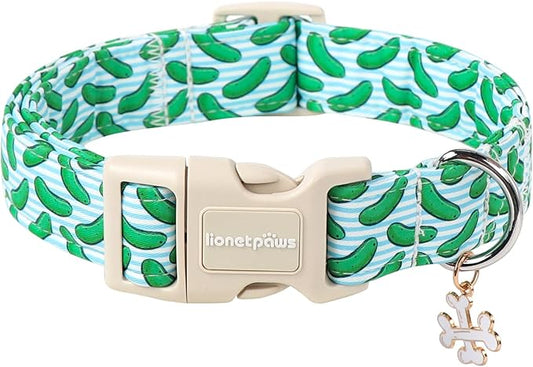 Lionet Paws Summer Dog Collar- Cute Cucumbers Dog Collars with Plastic Buckle,Blue Stripe Light Adjustable Dog Collars for Medium Large Dogs