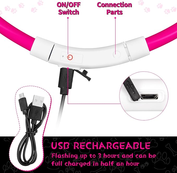 Weewooday 3 Pcs Dog Collar LED USB Rechargeable Lights Dog Necklace Collars Doggy Lights for Night Walking Adjustable Safety Lamp Pet Collars for Large Medium Small Puppy Pet(Rose Red,Classic Style)