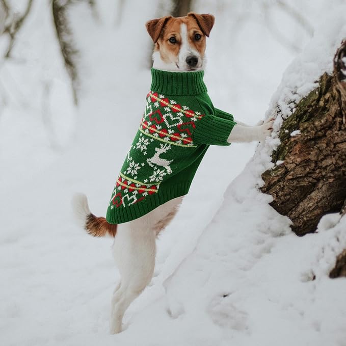Queenmore Dog Christmas Sweater,Turtleneck Knitted Pullover Xmas Dog Clothes Sweatshirt,Dog Christmas Outfit, Warm Dog Sweaters for Small Dogs Boy Girl L