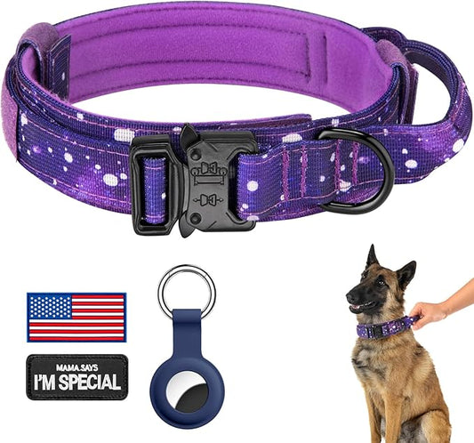 DAGANXI Tactical Dog Collar, Adjustable Military Training Nylon Dog Collar with Control Handle and Heavy Metal Buckle for Medium and Large Dogs, with Patches and Airtags Case (XXL, Purple Sky)