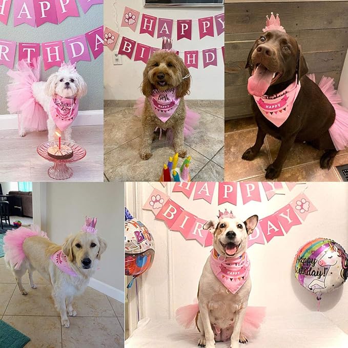 ADOGGYGO Dog Birthday Hat Bandana Girl - Pet Birthday Party Supplies - Pink Dog Tutu Hat Scarf Banner Set for Extra Large Dogs (X-Large)