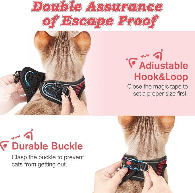 Cat Harness and Leash for Walking Escape Proof, Adjustable Kitten Vest Harness Reflective Soft Mesh Puppy Harness for Outdoor, Comfort Fit, Easy to Control (Red, M)