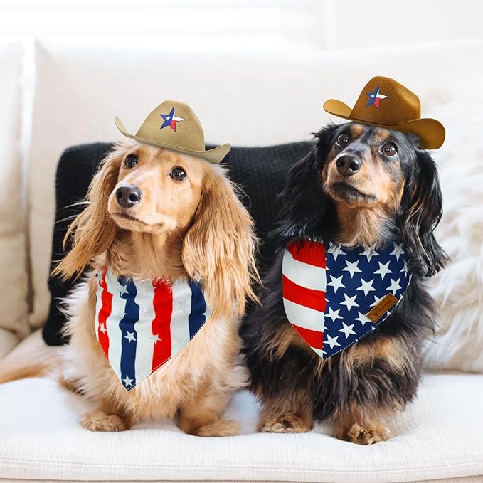 Vehomy 4th of July Pet Dog Costume - Dog Cowboy Hats with Star Décor Independence Day Dog Bandanas with American Flag Pattern 4th July Pet Hat and Scarf Outfit for Dogs Cats (4Pcs)