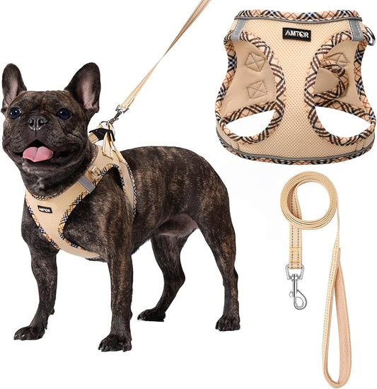 AMTOR Small Dog Harness with Leash Set, No Escape Easy Walk Puppy Harnesses for Training Walking, Step-in Reflective Soft Dogs Vest for XS S Medium Extra-Small Large Sized Dog(Beige,M)