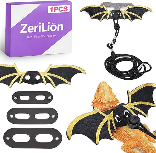3-Size Reptile Harness & Leash Set for Bearded Dragons, Soft Leather Wing Design (Black), Detachable & Adjustable