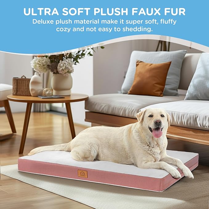 Orthopedic Dog Bed for Large Dogs, Waterproof Deluxe Plush Dog Crate Bed with Removable Washable Cover & Anti-Slip Bottom, Egg Crate Foam Pet Bed Mat, 35 x 22 Inches, Pink