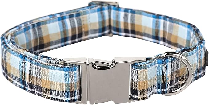 Lionet Paws Boy Dog Collar, Comfortable Adjustable Cute Blue Plaid Collar with Metal Buckle for Male Dogs, Small, Neck 10-16 inches