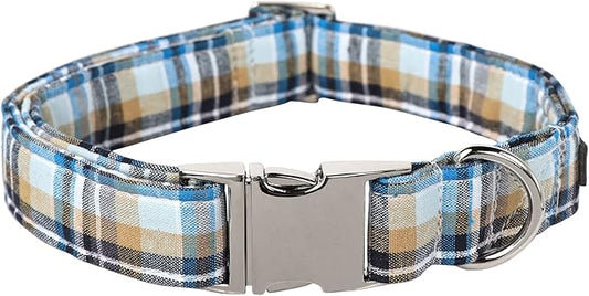 Lionet Paws Boy Dog Collar, Comfortable Adjustable Cute Blue Plaid Collar with Metal Buckle for Male Dogs, Small, Neck 10-16 inches