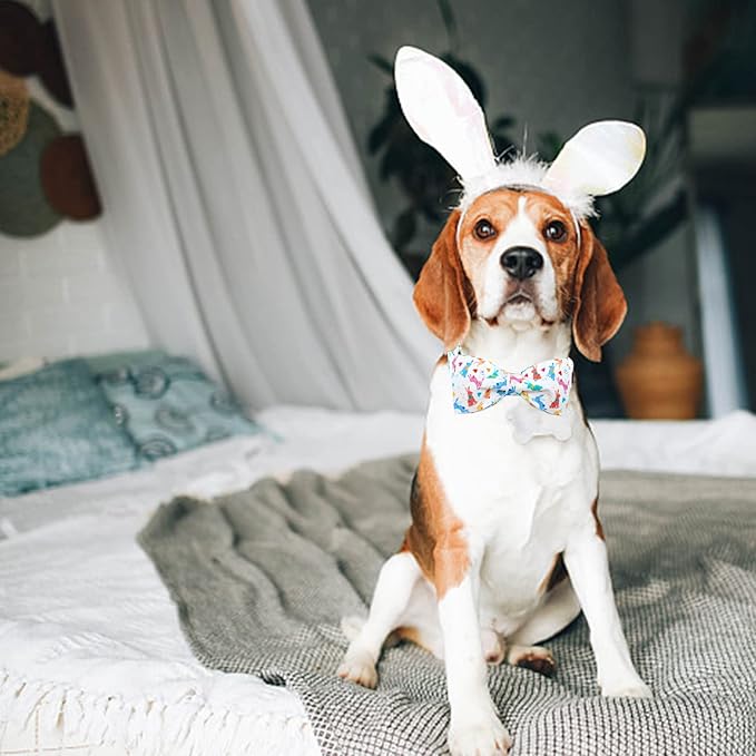 Lionheart glory Easter Dog Collar with Bow Tie Rabbit Print Dog Collar Girl or Boy Soft Durable Adjustable Collar Bows Spring Collar Dog Bow for Large Dogs