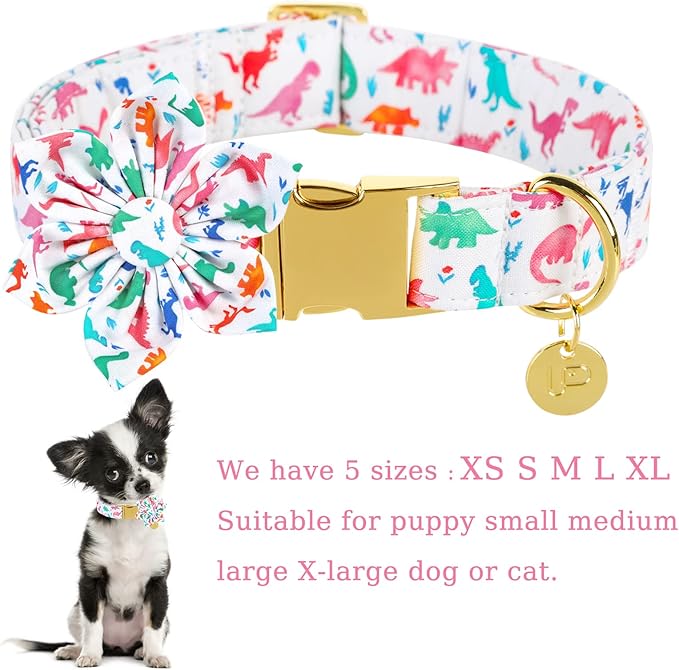 Flower Dog Collar, Dinosaur Adjustable Comfortable Cotton Dog Collar with Flower, Metal Buckle Dog Flower Collar for Puppy Girl Dog or Cat, XS