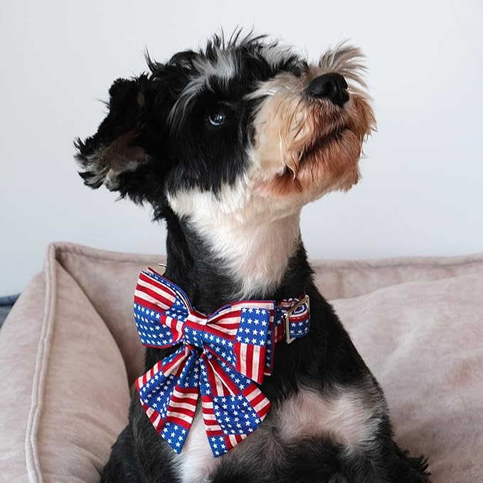 Lionet Paws Patriotic Dog Collar with Sailor Bow, 4th of July, Soft and Comfortable Adjustable American Flag Collar for Dogs, Small, Neck 10-16 inches