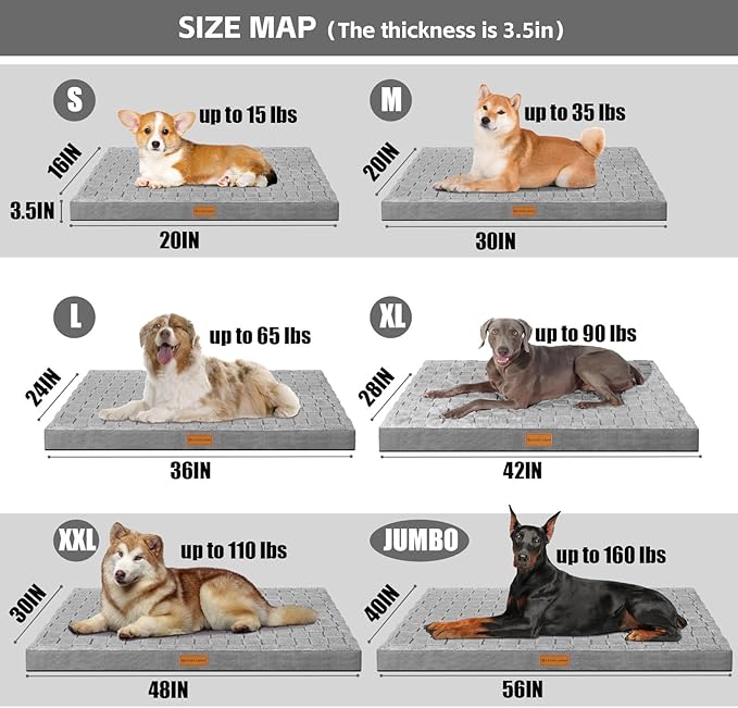 Patas Lague Orthopedic XXL Dog Bed for Extra Large Dogs 48''X30'', Waterproof Soft Warm Comfortable Egg Crate Foam Big Large Pet Beds Mat with Removable Washable Cover and Nonskid Bottom, Grey