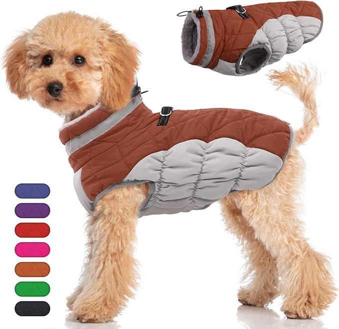 Winter Dog Coat,Large Dog Jacket,Waterproof Pet Jacket with Back Zipper,Pet Coat with Harness Built in,Warm Dogs Coat with Fleece Lined,Snow Jacket Clothes French Bulldog Shiba Inu,Brown,L