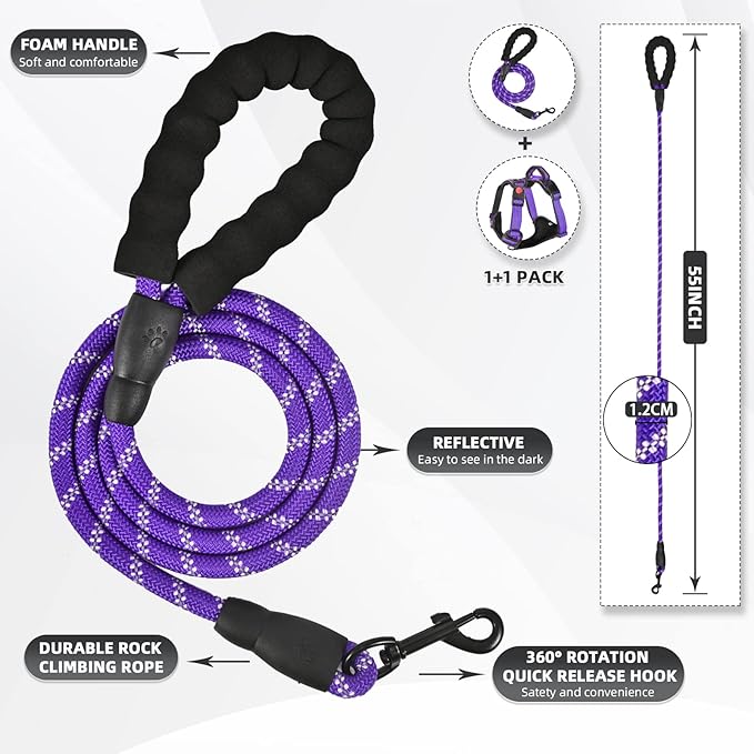 No Pull Dog Harness with Free Heavy Duty 5ft Leash, Adjustable Soft Padded Dog Vest, Reflective No-Choke Oxford Vest for Large Dogs (Purple)