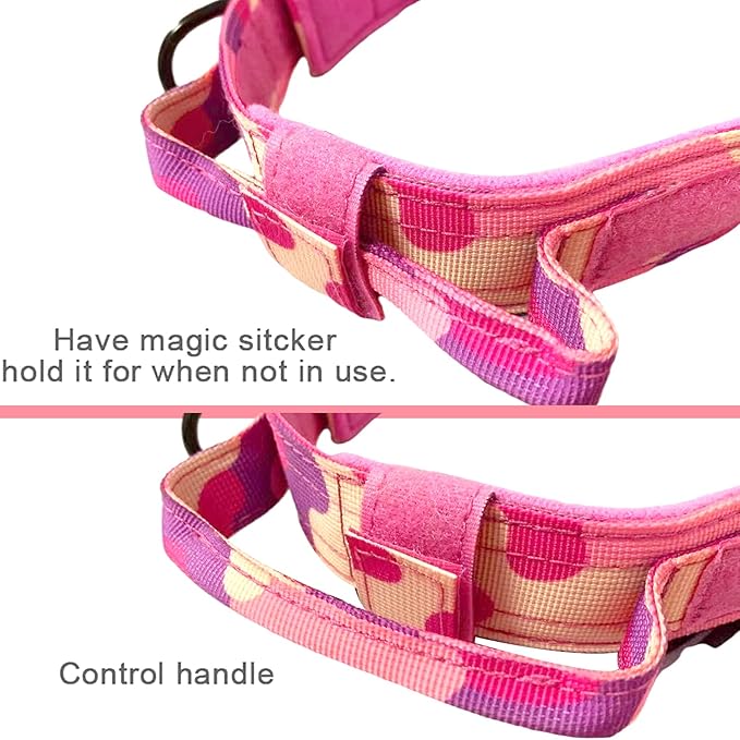 Xqpetlihai Tactical Dog Collar Adjustable Military Nylon Dog Collar with Control Handle and Heavy Duty Metal Buckle for Medium and Large Dogs (Pink Camo,L)