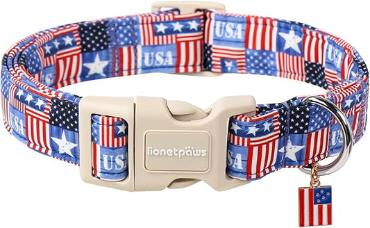 Lionet Paws Summer Dog Collar- Cute 4th of July Dog Collars with America Flag Pattern and Plastic Buckle, Light Adjustable Dog Collars for Medium Large Dogs