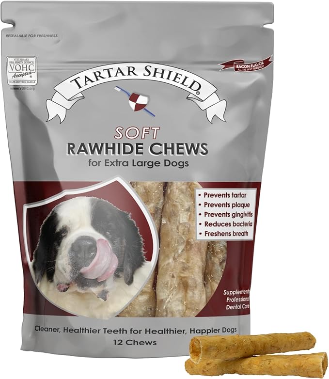 Tartar Shield Soft Rawhide Chews | Safe Dental Treats for Large Dogs | Vet VOHC Approved | Daily Bone Cleans Teeth & Gums Fresh Breath Oral Health Support | USA Made | (XL Dogs / 12 Count)