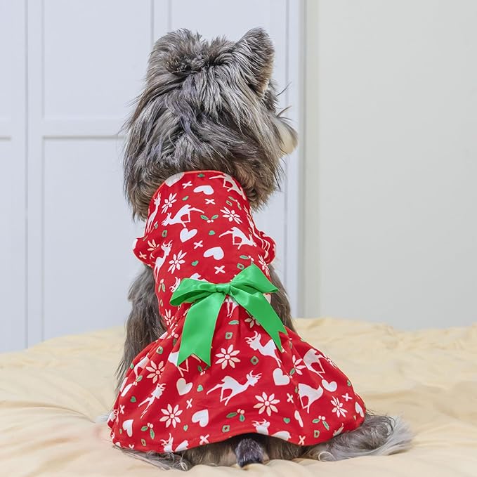 CuteBone Dog Christmas Dresses Outfit Velvet Holiday Small Dogs Clothes Onesie Pet Apparel Girl Puppy Skirt with Bow Hair Rope CVA31XS