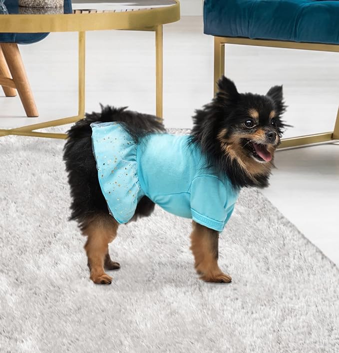 Juicy Couture Turquoise Tulle Sequin Dog Dress ā Pullover Design Puppy Shirt with Elasticated Waistline and Flared Skirt, Doggie Clothes for Convenient Bathroom Breaks, X-Small (2-4 lbs.)