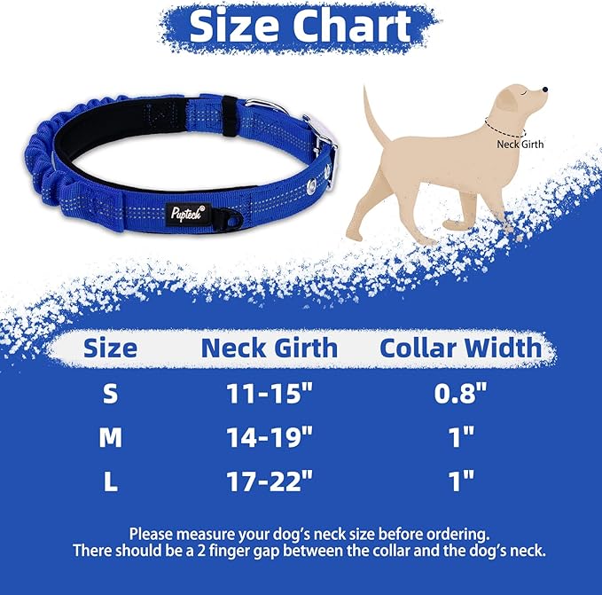 PUPTECK Heavy Duty Dog Collar with Handle Bungee for Small Medium Large Dogs, Tactical Dog Training Collar for Easy Control, Reflective Padded Dog Collars for Walking Running, Navy Blue, S