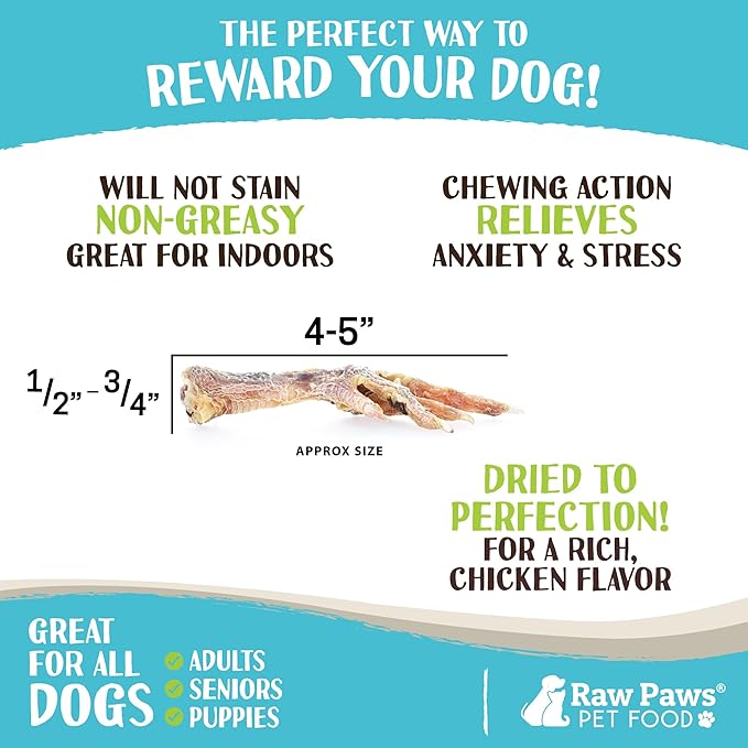 Raw Paws Dried Chicken Feet Dog Treats (50 Pack) - Packed in USA - Dehydrated Chicken Feet for Dogs - Natural, Single Ingredient Chews