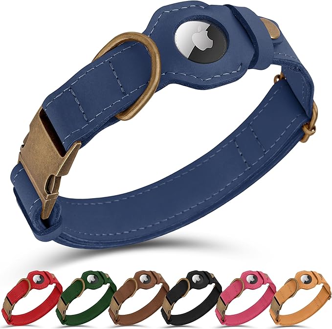 AirTag Dog Collar - Genuine Leather Dog Collar with Apple AirTag Holder and Metal Buckle - Smart GPS Tracking Pet Collars for Small Medium Large Dogs Puppy (Smoky Blue, XS, 9"-12" Neck Fit)