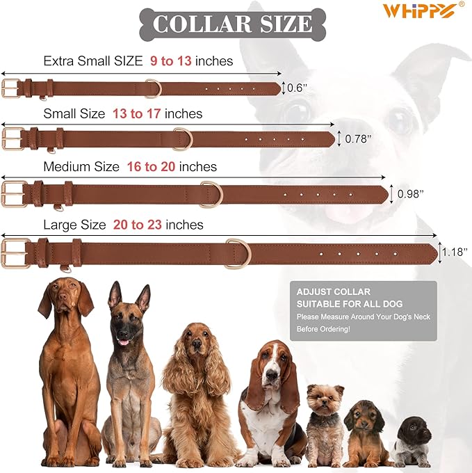 WHIPPY Leather Dog Collar for Small Medium Large Dog Adjustable Soft Breathable Leather Padded Puppy Collar with Alloy Buckle Heavy Duty Waterproof Classic Dog Pet Collar,brown,S