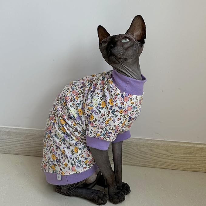 Sphynx Hairless Cat Cute Summer Cotton T-Shirts Pet Clothes,Round Collar Kitten Shirts Cats Apparel (Flor Do Campo, Small (Pack of 1))