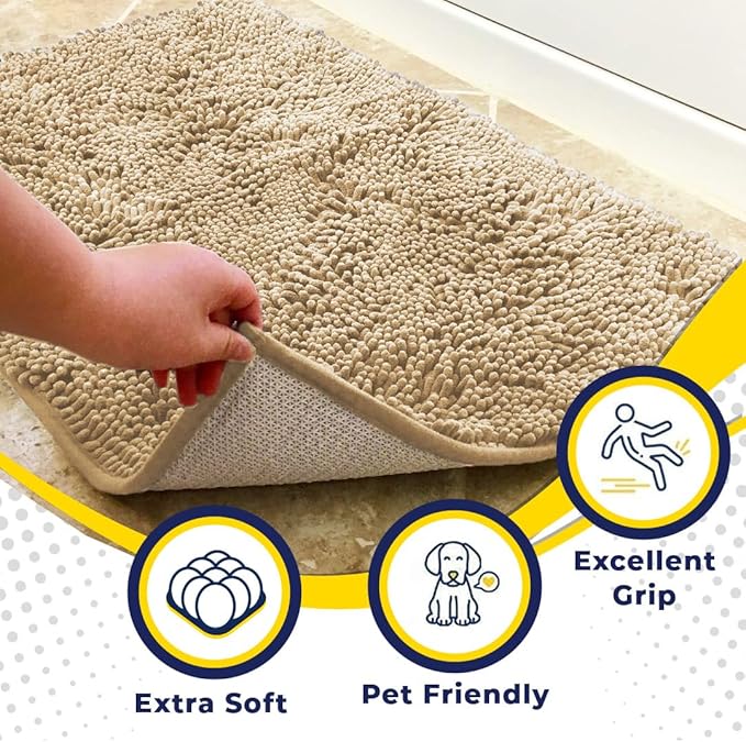 Muddy Mat® Shown on TV – Super Absorbent Microfiber Dog Door Mat for Muddy Paws, Non-Slip Washable Pet Rug, Quick Dry Chenille Entryway Carpet, Machine Washable Indoor Outdoor Doormat, Beige 72"x48"