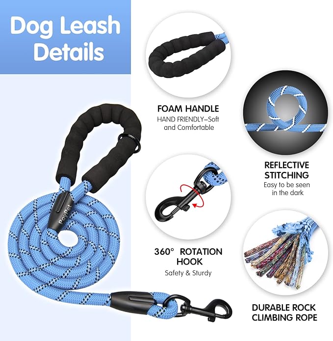 PoyPet No Pull Dog Harness and 5 Feet Leash Set, Release on Neck Reflective Adjustable Pet Vest, Front & Back 2 D-Ring and Soft Padded Pet Harness with Handle for Small to Large Dogs(Light Blue,M)