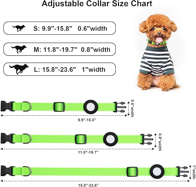 Adjustable AirTag Collar with Durable Quick Snap Buckle, Imitation Nylon Collar with Waterproof Apple Airtag Holder for Small Dogs (6"-16", LightGreen)