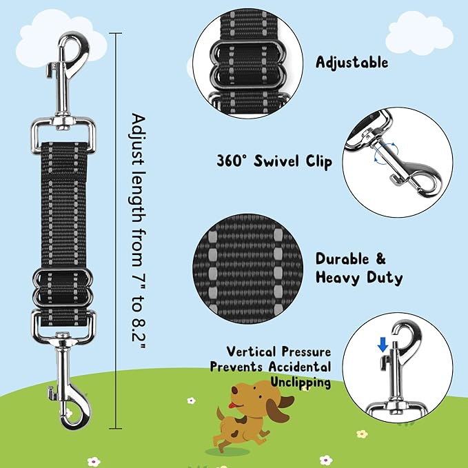 YUEPET Dog Safety Collar Clips 2 Pack Adjustable Prong Backup Clips Reflective Double Ended Backup Clasp Leash Connector for Dog Harness to Collar Safety Clip(Grey+Black)