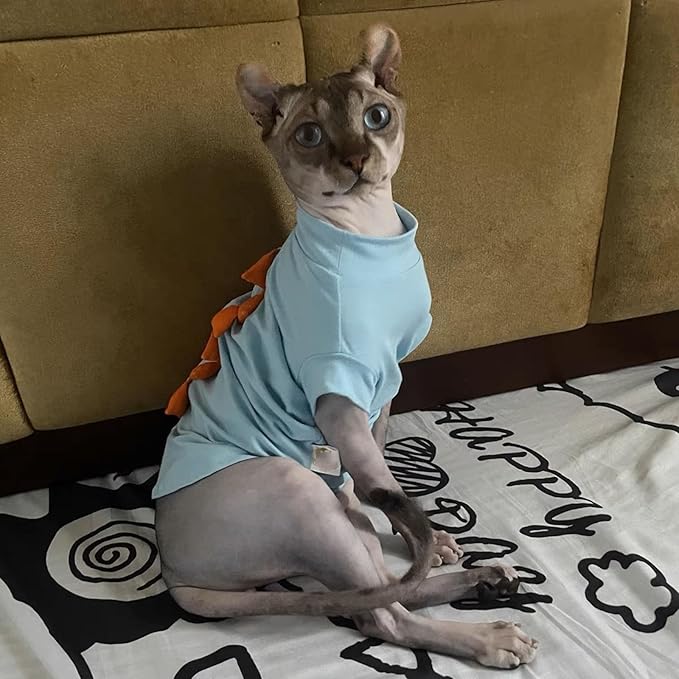 Dinosaur Sphynx Hairless Cat Clothes Cute Summer Cotton Shirts Cat Costume Pet Clothes Kitten T-Shirts Cats Small Dogs Apparel (Lake Blue, XX-Large)