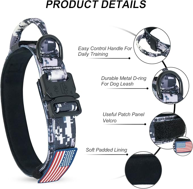 Hotsky Tactical Dog Collar, Adjustable Military Training Nylon Airtag Collar with Handle and Heavy Duty Metal Buckle for Medium Large Dogs, with Airtag Holder and Two Patches(XL)