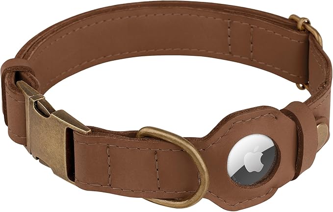 AirTag Dog Collar - Genuine Leather Dog Collar with Apple AirTag Holder and Metal Buckle - Smart GPS Tracking Pet Collars for Small Medium Large Dogs Puppy (Tawny, S, 12"-15" Neck Fit)