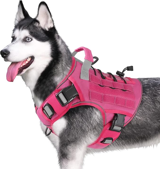 WINGOIN Tactical Dog Harness for Extra Large Dogs, Heavy Duty No Pull Dog Harness with Handle, Adjustable Reflective Military K9 German Shepherd Big Dog Vest for Training, Walking, Pink (XXL)