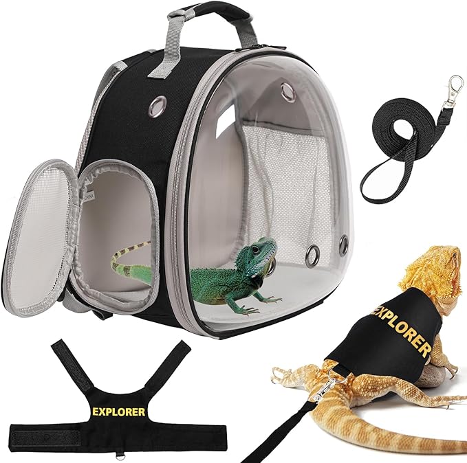 Bearded Dragon Carrier Backpack with Security Printing Harness Leash Set, Reptile Lizard Space Capsule Astronaut Clear Bubble Window Travel Carrier for Small Animal Guinea Pig (Black, Explorer)