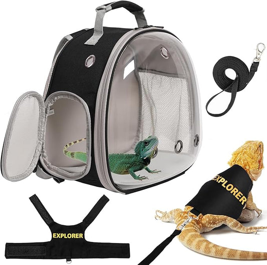 Bearded Dragon Carrier Backpack with Security Printing Harness Leash Set, Reptile Lizard Space Capsule Astronaut Clear Bubble Window Travel Carrier for Small Animal Guinea Pig (Black, Explorer)