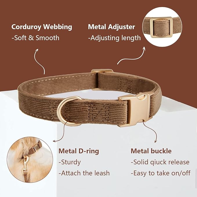 Soft Corduroy Dog Collar and Leash Set, Adjustable Cotton Dog Collars with Metal Buckle and Lead for Large Dogs,Brown