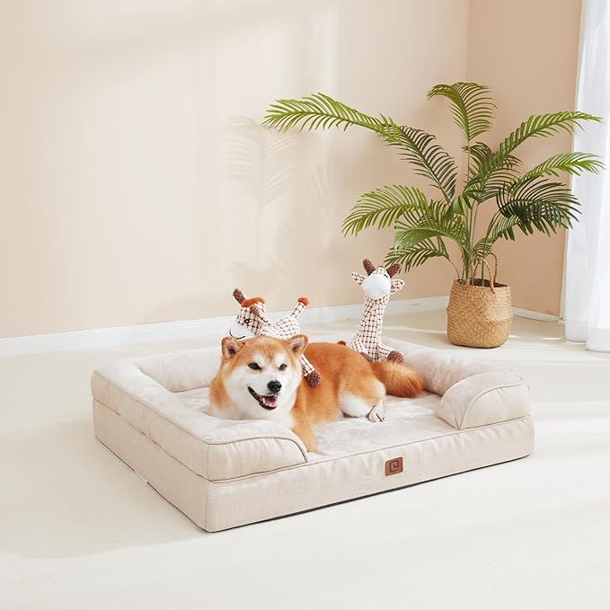 EHEYCIGA Orthopedic Dog Beds for Extra Large Dogs, Waterproof Memory Foam XXL Dog Bed with Sides, Non-Slip Bottom and Egg-Crate Foam Big Pet Couch Bed with Washable Removable Cover, Beige