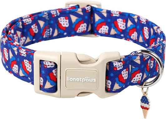 Lionet Paws 4th of July Dog Collar- Cute Blue Red Sundea Dog Collars with Plastic Buckle, Light Adjustable Dog Collars for Medium Dogs