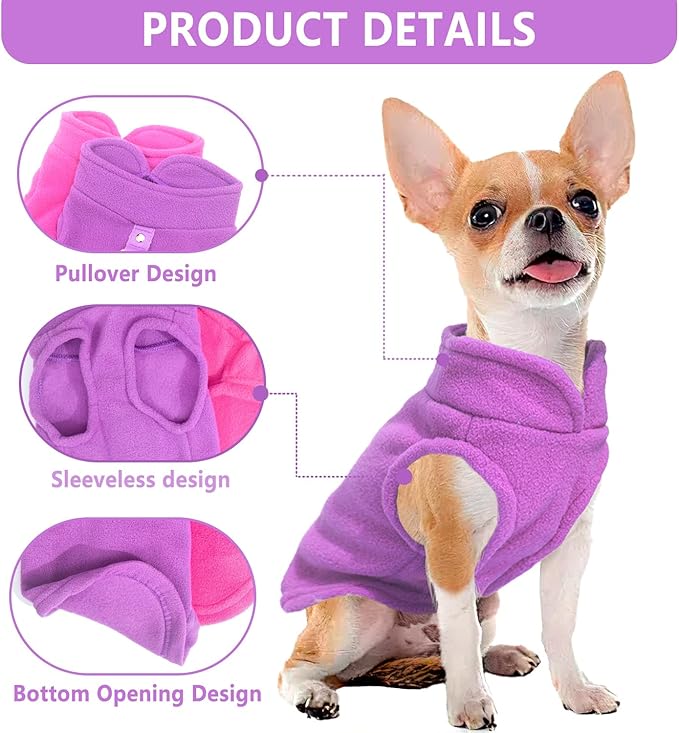 2 Fleece Dog Sweater Vests for Small Dogs - Soft, Warm Pullover with D-Ring, Perfect for Cold Weather; Male or Female, Medium Size (Rose,Purple)
