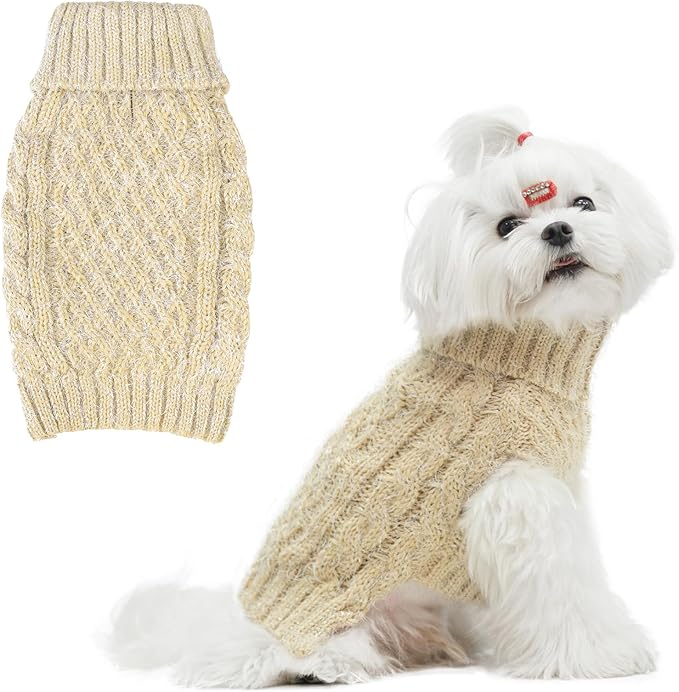 Turtleneck Small Dog Sweaters - Classic Cable Knitwear Winter Coat for Small Medium Dogs Male Female Puppy Dog Cold Weather Clothes Girls Boys, Cream, M