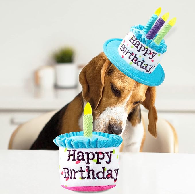 Large Dog Birthday Cake Hat & Bandana Scarfs Set Blue, Handmade Dog Happy Birthday Hat with Colorful Candles, Extral Large Dog Birthday Party Supplies Decorations